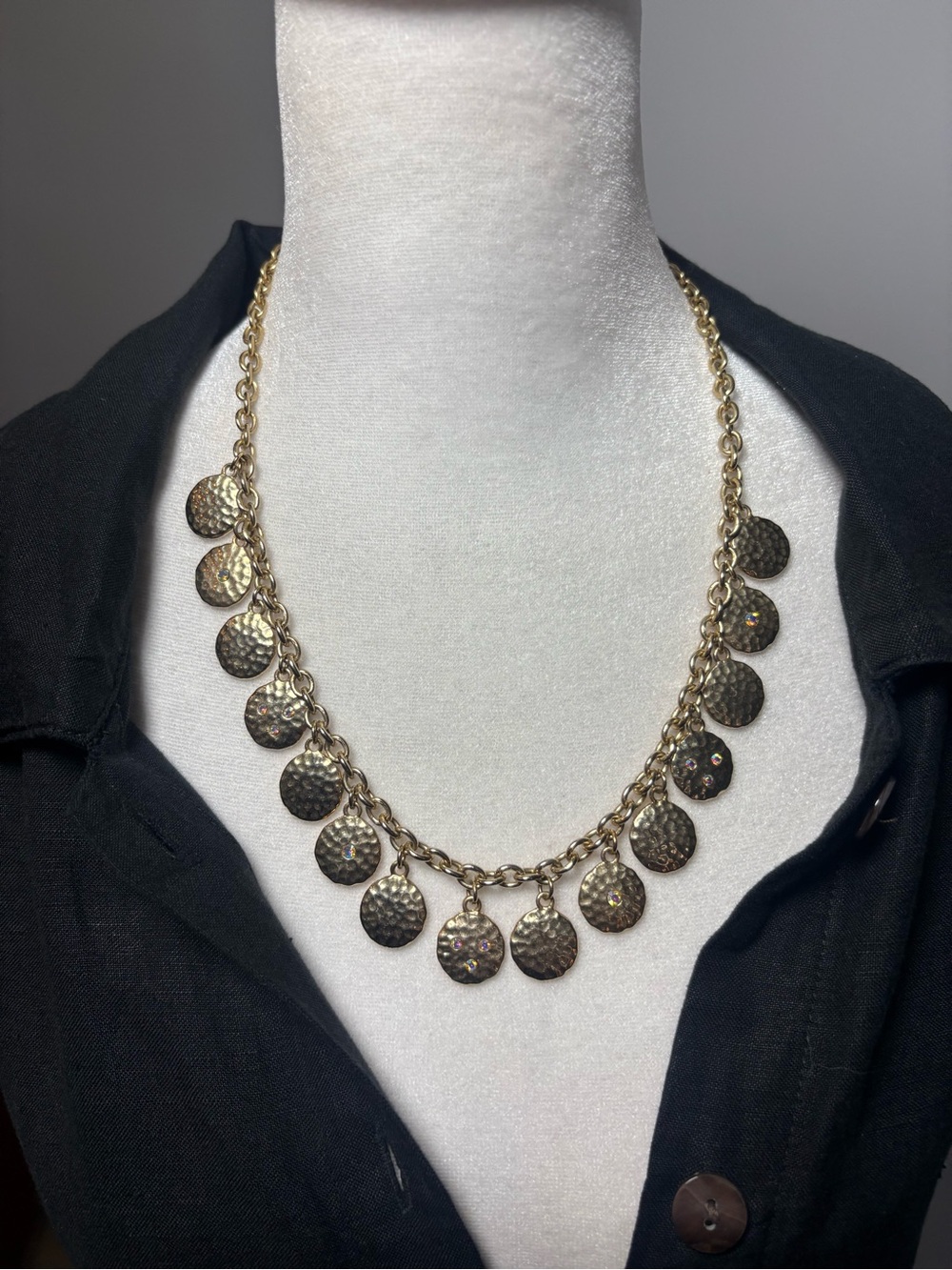 Gold Tone Hammered Disc Statement Necklace | Crystal Accent Boho Bib - Picture 7 of 7